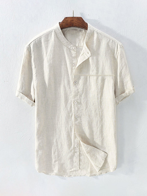 Casual Woven Mandarin Collar Button-Down Shirt for Men