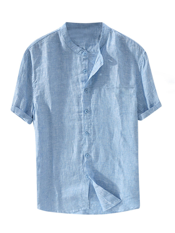 Casual Woven Mandarin Collar Button-Down Shirt for Men