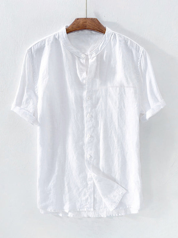 Casual Woven Mandarin Collar Button-Down Shirt for Men