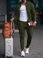 Casual Baseball Collar Zip-Up Jacket Suit with Tapered Pants for Men