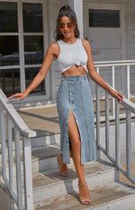 High Waist Button Down Denim Skirt with Irregular Split for Women