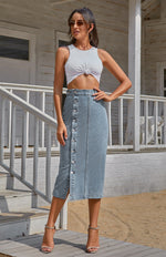 High Waist Button Down Denim Skirt with Irregular Split for Women