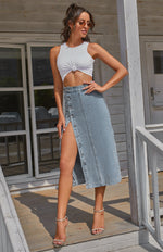 High Waist Button Down Denim Skirt with Irregular Split for Women