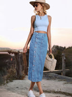 High Waist Button Down Denim Skirt with Irregular Split for Women