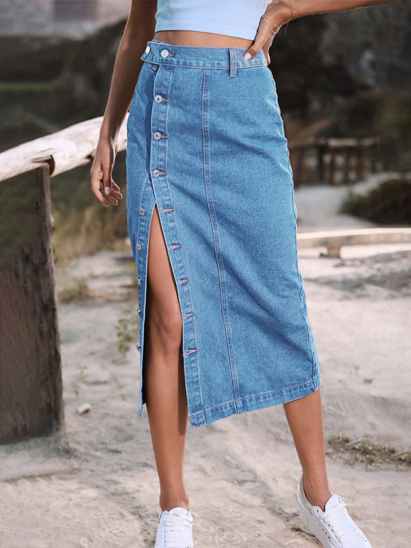 High Waist Button Down Denim Skirt with Irregular Split for Women