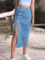 High Waist Button Down Denim Skirt with Irregular Split for Women