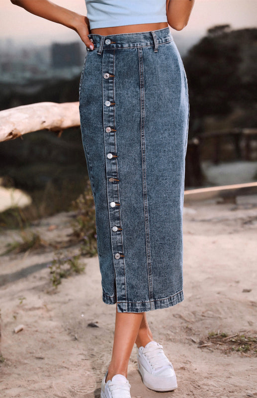 High Waist Button Down Denim Skirt with Irregular Split for Women