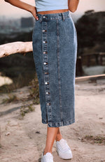 High Waist Button Down Denim Skirt with Irregular Split for Women