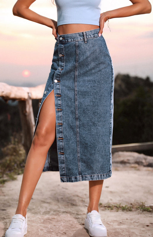 High Waist Button Down Denim Skirt with Irregular Split for Women