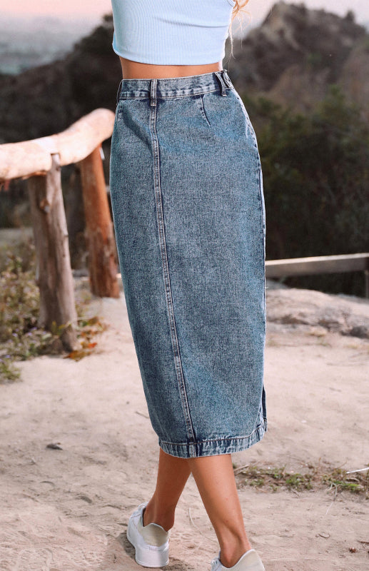 High Waist Button Down Denim Skirt with Irregular Split for Women