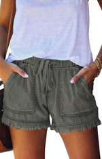 High Waist Elastic Drawstring Denim Shorts with Frayed Hem for Women