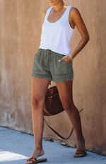 High Waist Elastic Drawstring Denim Shorts with Frayed Hem for Women