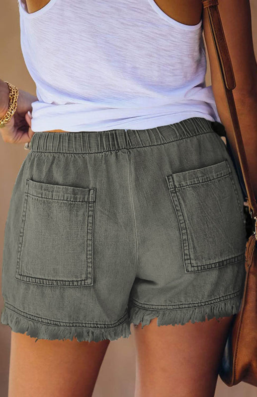 High Waist Elastic Drawstring Denim Shorts with Frayed Hem for Women