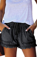 High Waist Elastic Drawstring Denim Shorts with Frayed Hem for Women