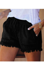 High Waist Elastic Drawstring Denim Shorts with Frayed Hem for Women