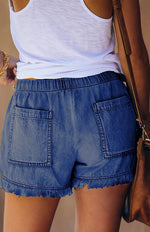 High Waist Elastic Drawstring Denim Shorts with Frayed Hem for Women