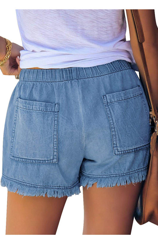 High Waist Elastic Drawstring Denim Shorts with Frayed Hem for Women