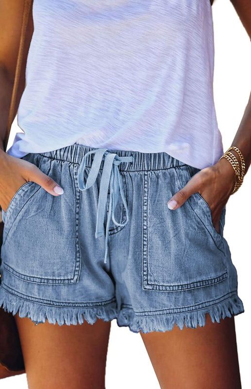 High Waist Elastic Drawstring Denim Shorts with Frayed Hem for Women