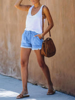 High Waist Elastic Drawstring Denim Shorts with Frayed Hem for Women