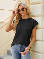 Casual Round Neck Short Sleeve Loose Fit Textured T-shirt for Women