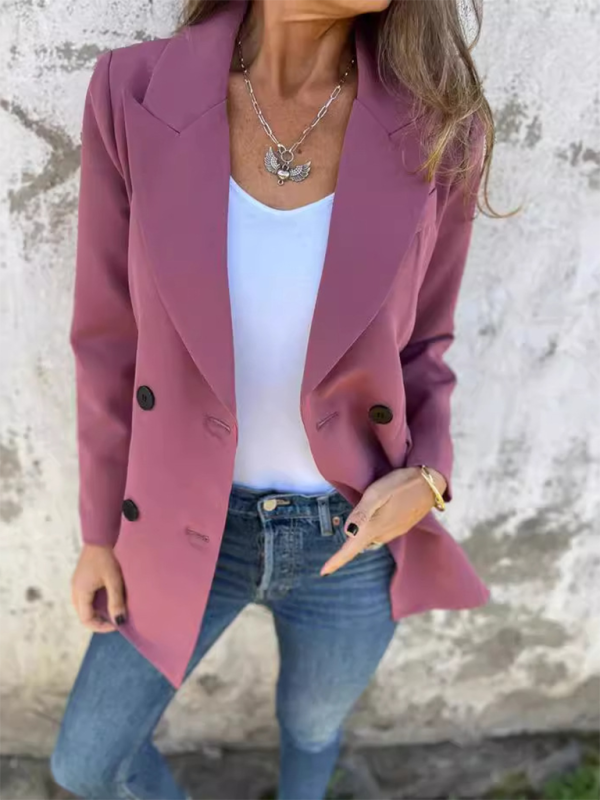 Solid Long Sleeve Double-Breasted Blazer for Women