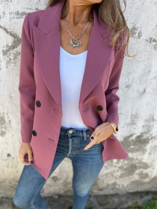 Solid Long Sleeve Double-Breasted Blazer for Women